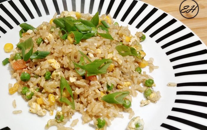 Fried rice with eggs, peas and sweet corn